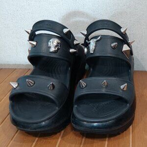 Crocs Mega Crush Women Size 7 Black Platform Slingback Sandals Goth Skull Spikes